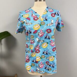 NWT Cherokee Rainbow Floaty Pool Party Scrub Top S Scrubs Panda Sloth Unicorn